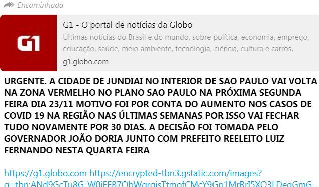 Prefeitura de Jundiaí esclarece: é falsa mensagem sobre retorno à ‘Fase Vermelha’