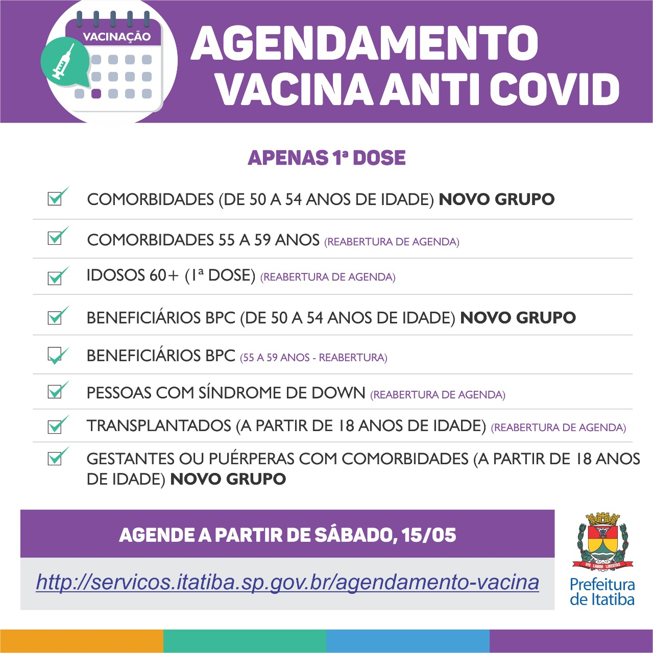 Covid-19: Prefeitura de Itatiba abre agendamento para vacinar novos grupos prioritários