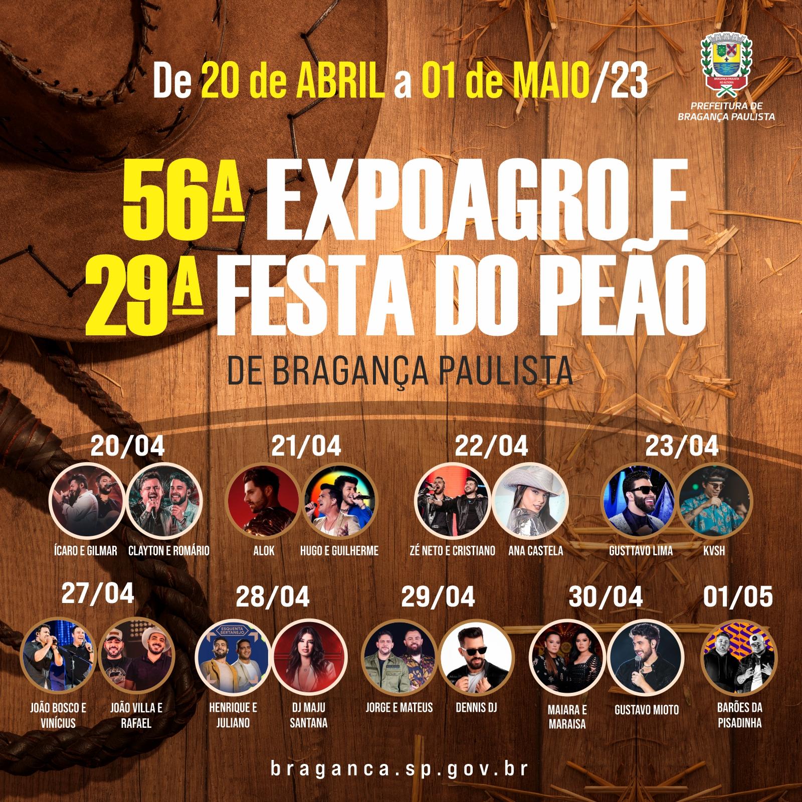 Estão definidos os shows da 56ª Expoagro e 29ª Festa do Peão de Bragança Paulista