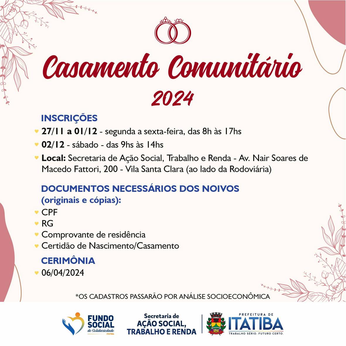 Inscrições para Casamento Comunitário 2024 já começaram