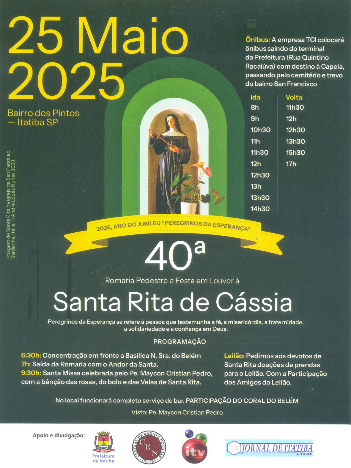 Itatiba se prepara para a 40ª Romaria em Louvor a Santa Rita de Cássia