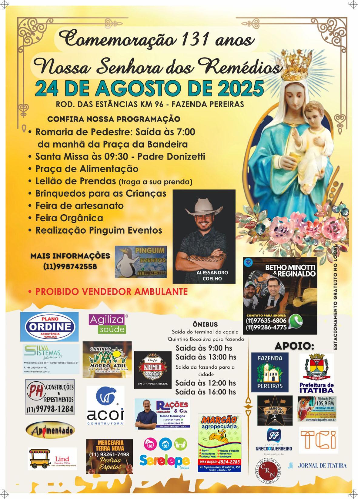 Neste domingo, Pereiras celebra 131 anos da Festa de Nossa Senhora dos Remédios