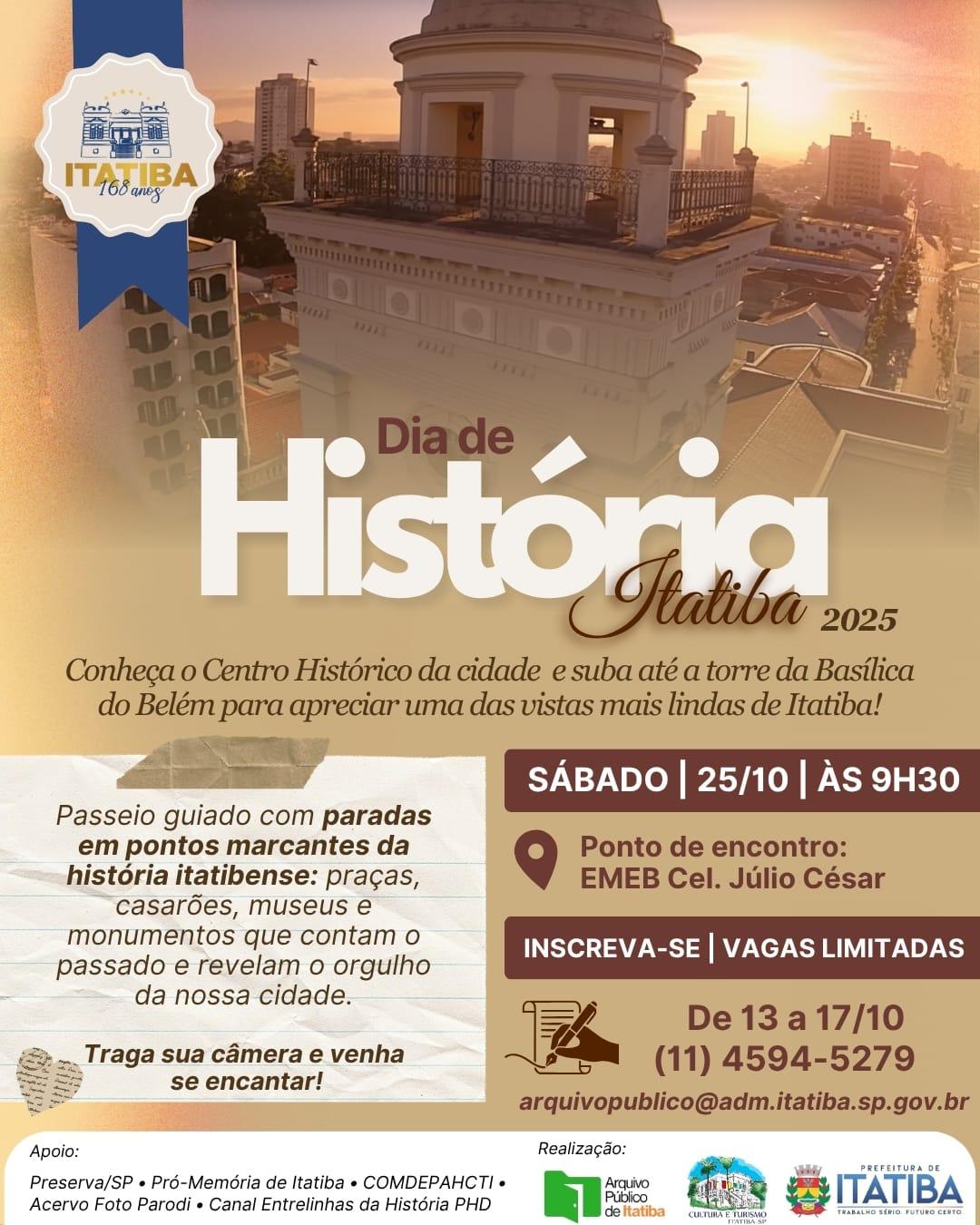 Dia de História de Itatiba 2025 vai celebrar o patrimônio e o orgulho da cidade