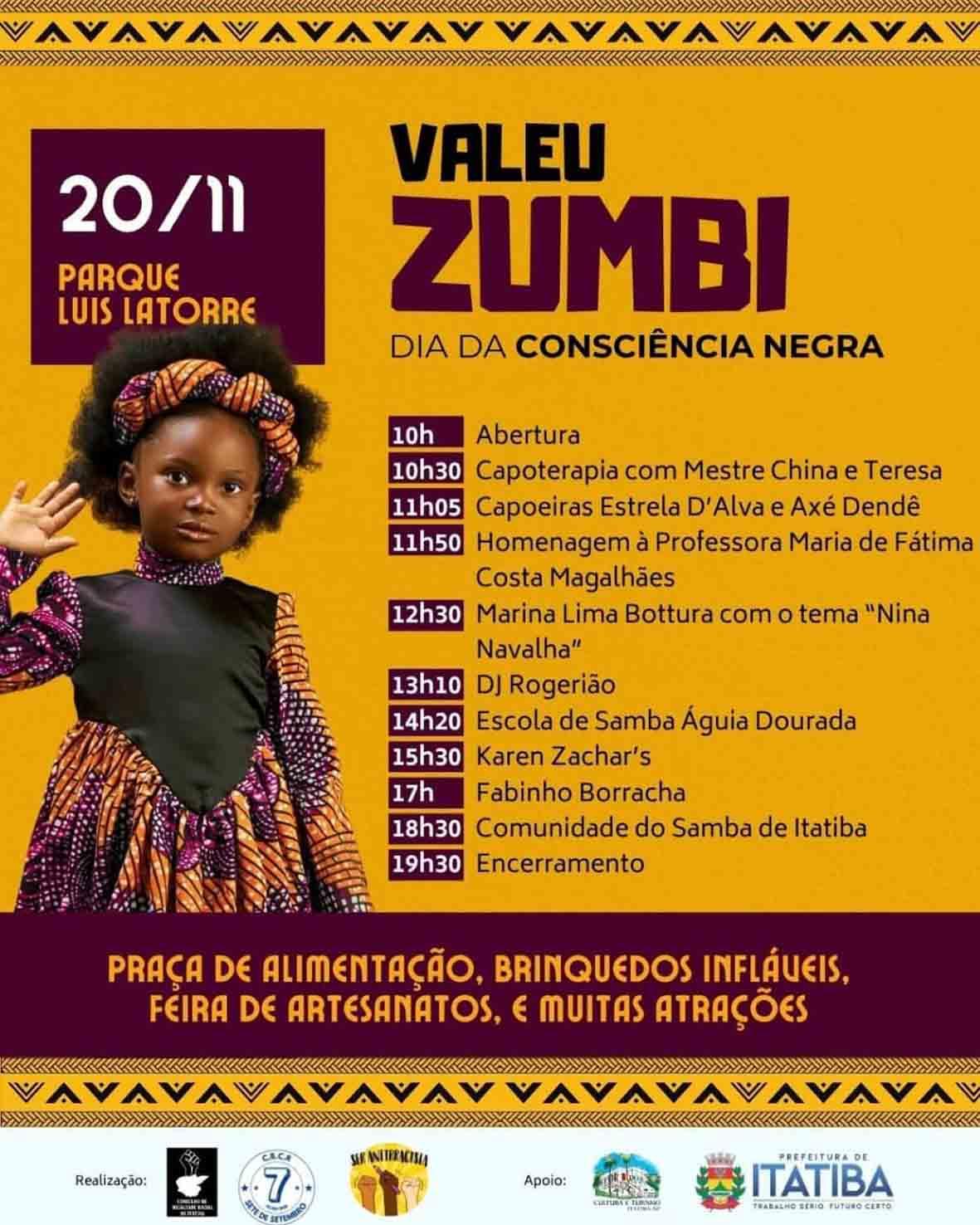 Itatiba celebra o Dia da Consciência Negra com programação especial do Valeu Zumbi no Parque Luís Latorre Itatiba celebra o Dia da Consciência Negra com programação especial do Valeu Zumbi no Parque Luís Latorre