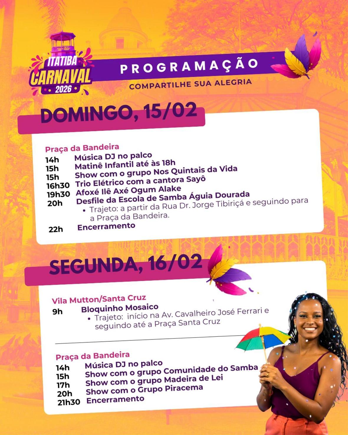 Sábado e domingo concentram blocos, trio elétrico e desfile da Águia Dourada no Carnaval 2026
