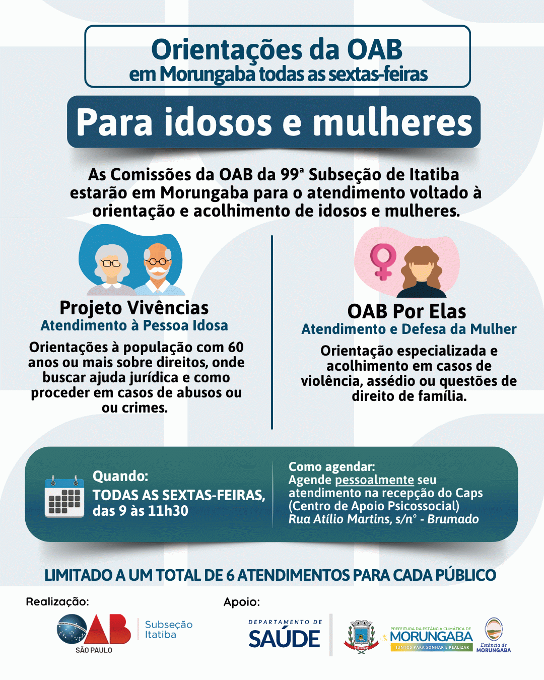 OAB Itatiba lança atendimento jurídico gratuito para idosos e mulheres em Morungaba