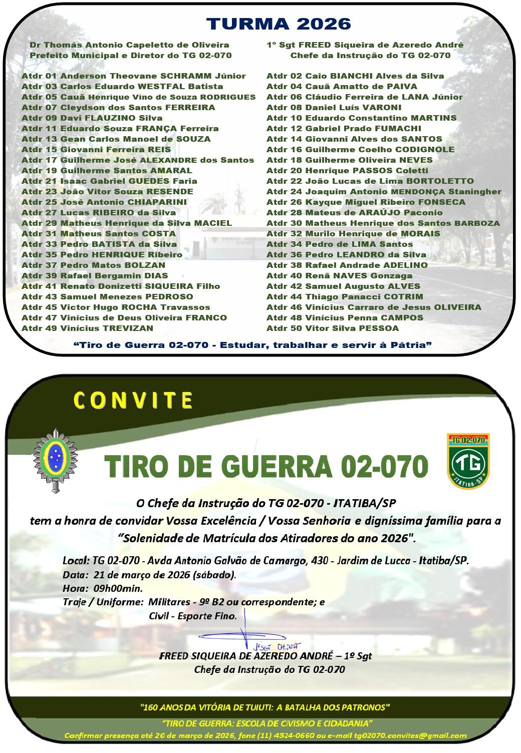 TG 02-070 realiza solenidade de matrícula dos atiradores da turma 2026 em Itatiba