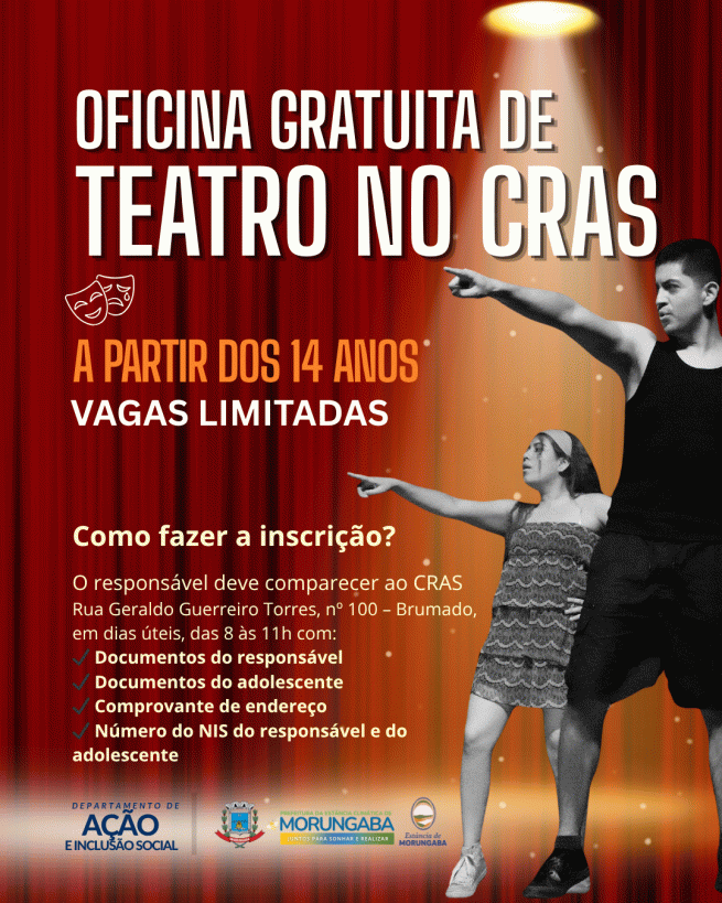 CRAS abre inscrições para oficina gratuita de teatro voltada a jovens em Morungaba