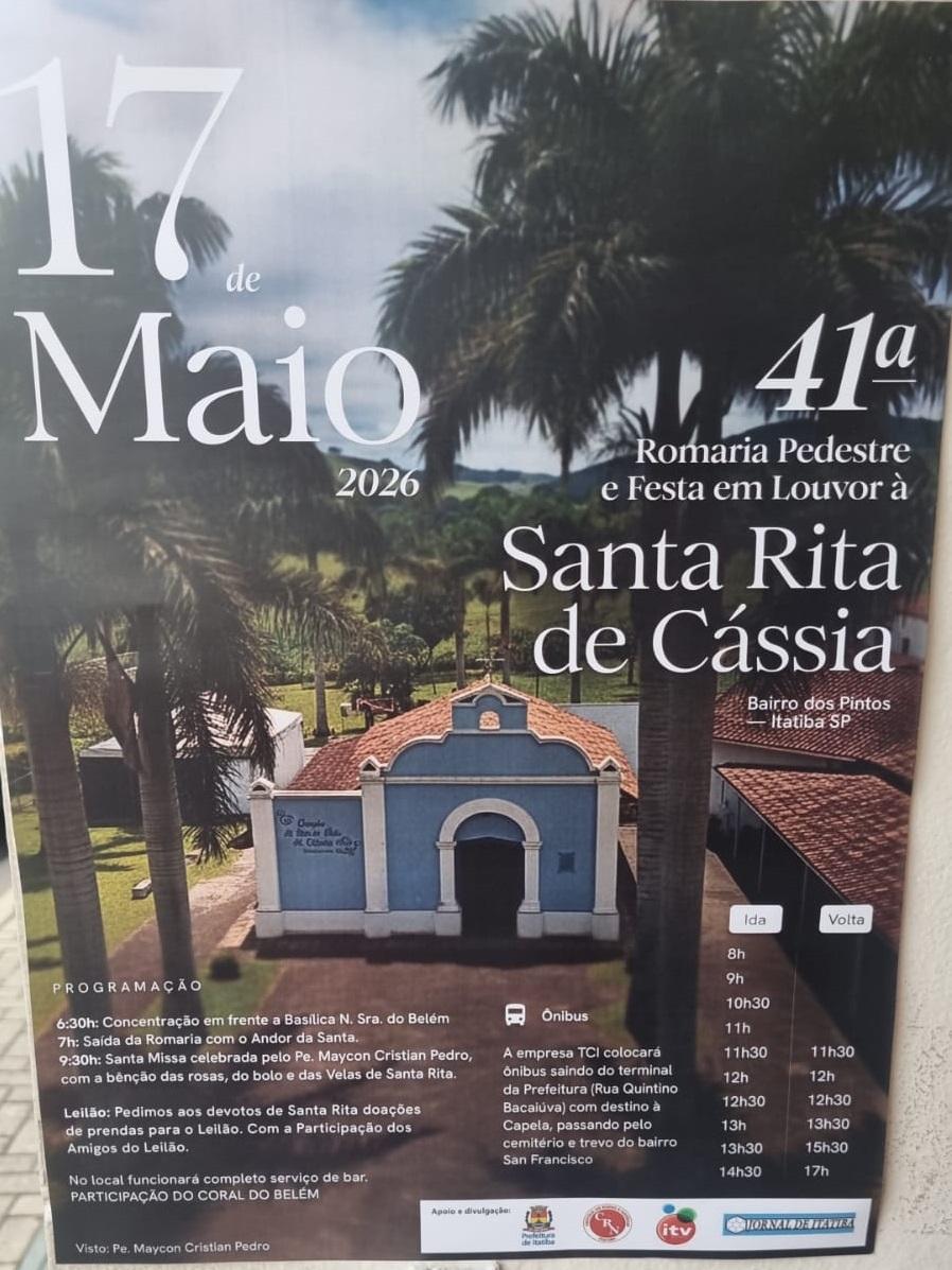 Romaria Pedestre e Festa em Louvor a Santa Rita de Cássia será realizada no próximo dia 17