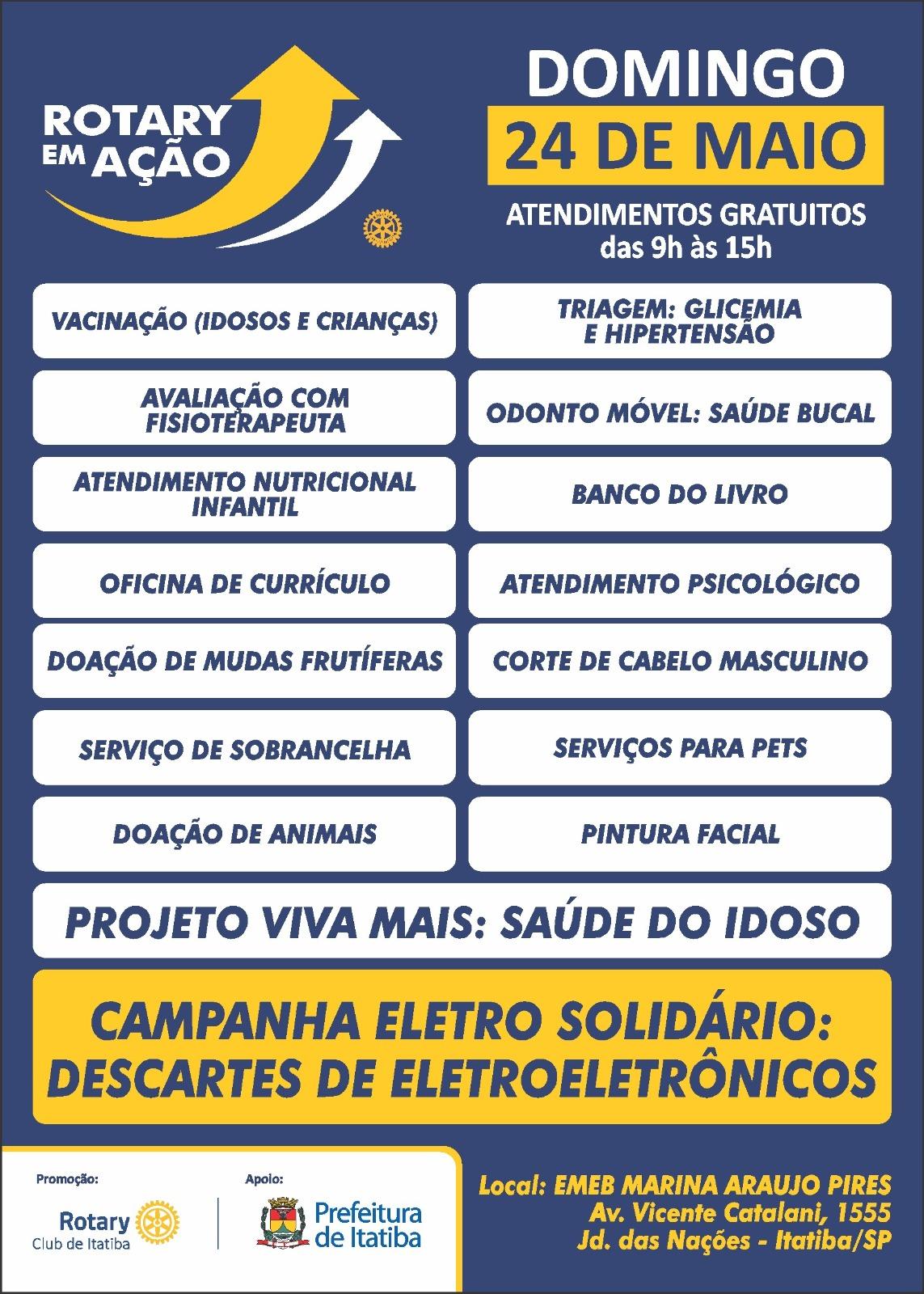 Rotary em Ação terá atendimentos gratuitos neste domingo em Itatiba