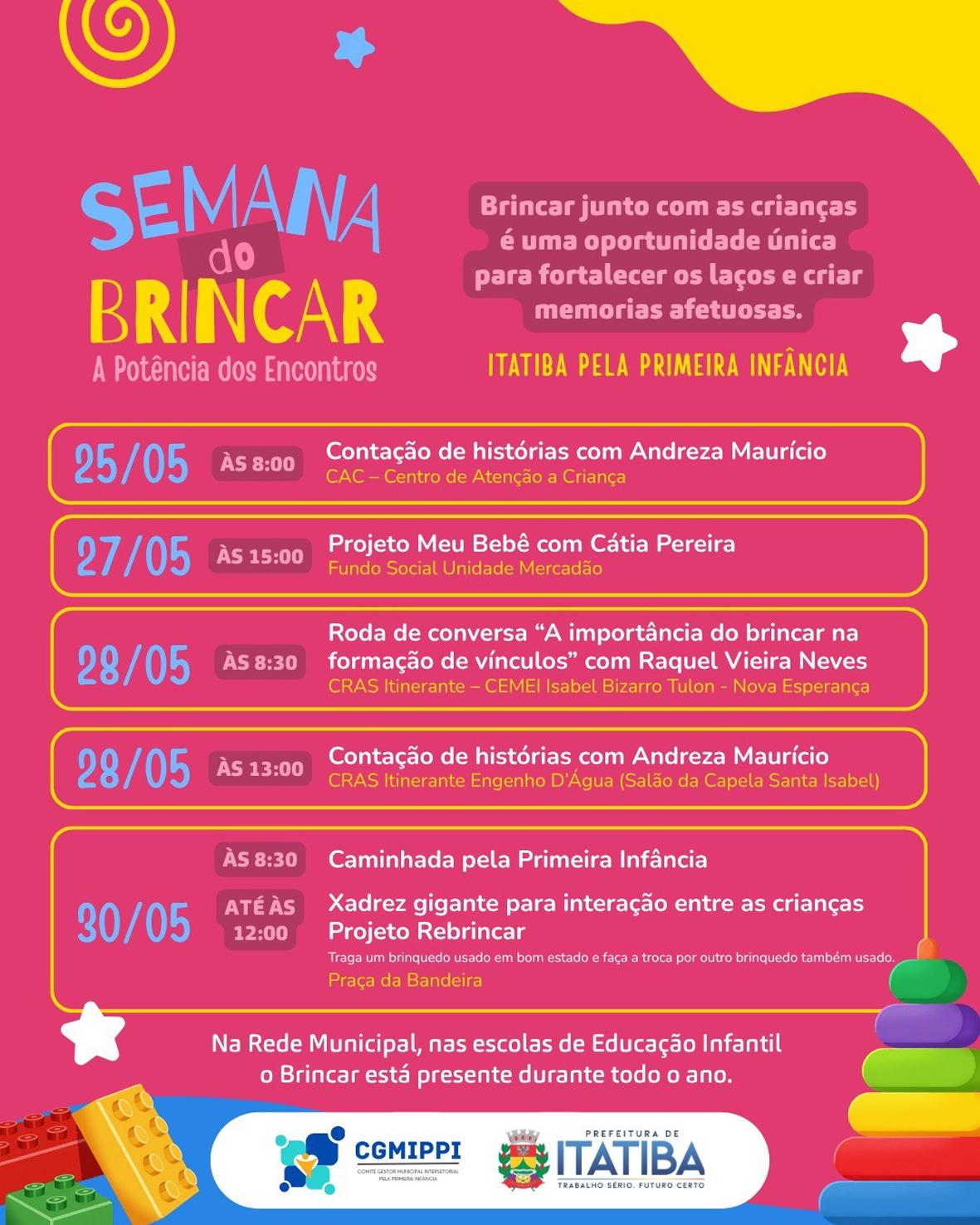 Semana Mundial do Brincar 2026 começa em Itatiba com atividades voltadas à infância e interação familiar