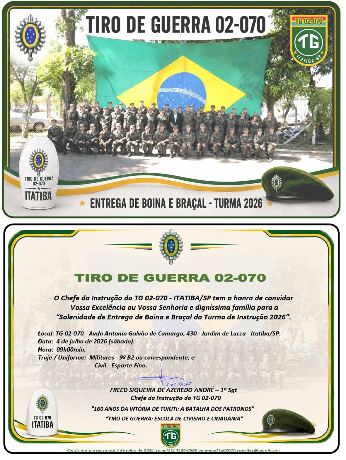 Tiro de Guerra realiza solenidade de entrega de boina e braçal da turma de instrução 2026