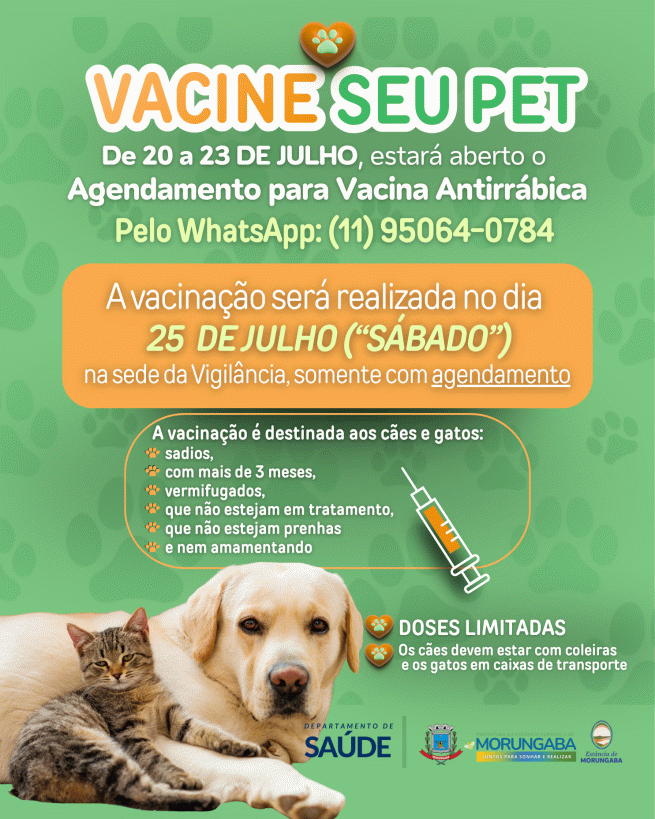 Vacinação antirrábica será realizada em Morungaba no sábado, dia 25 de julho