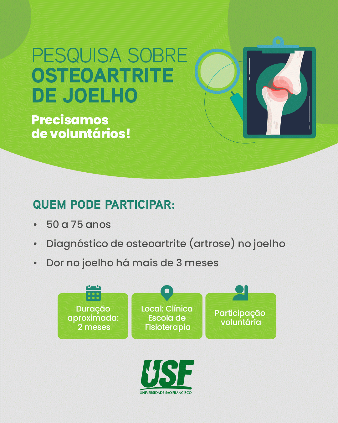 Clínica-Escola de Fisioterapia da USF busca voluntários para pesquisa sobre osteoartrite de joelho