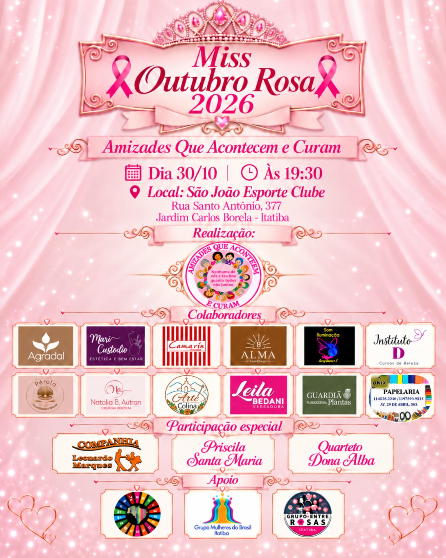 Miss Outubro Rosa 2026 acontece nesta sexta-feira em Itatiba
